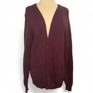 Royal Scott Shetland Wool Cardigan L Burgundy Elbow Patches Made in Hong Kong